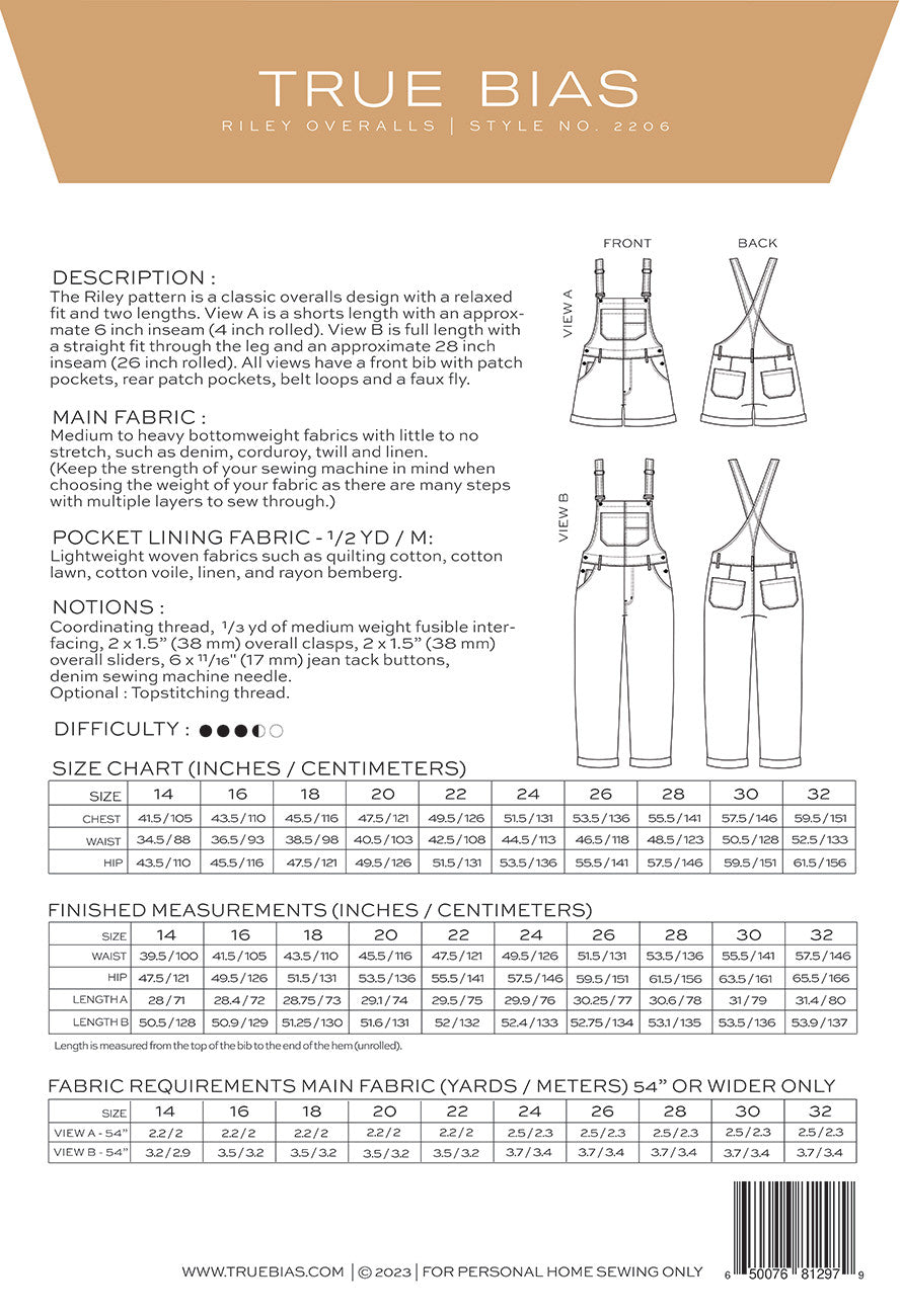Riley Overalls Pattern - Sizes 14-32