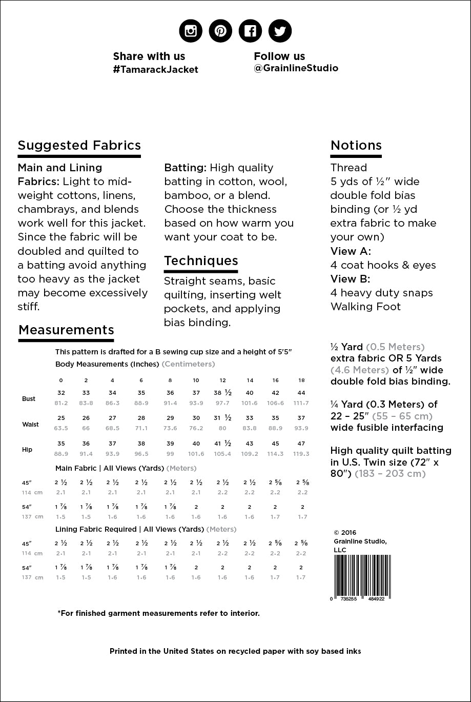 Tamarack Jacket Pattern - Sizes 0-18