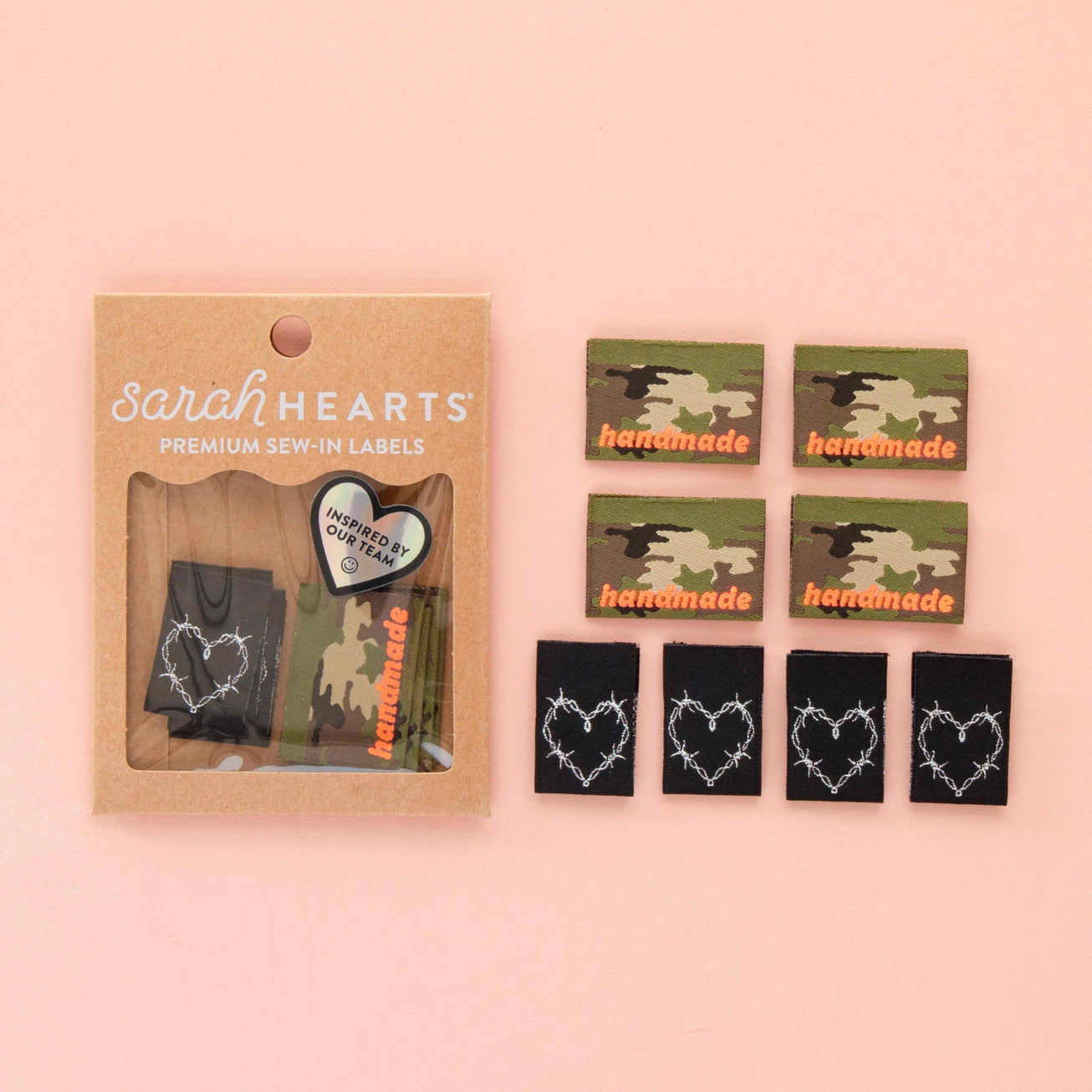 Woven Garment Labels 8-Pack - Camo and Barbed Wire Heart Multipack