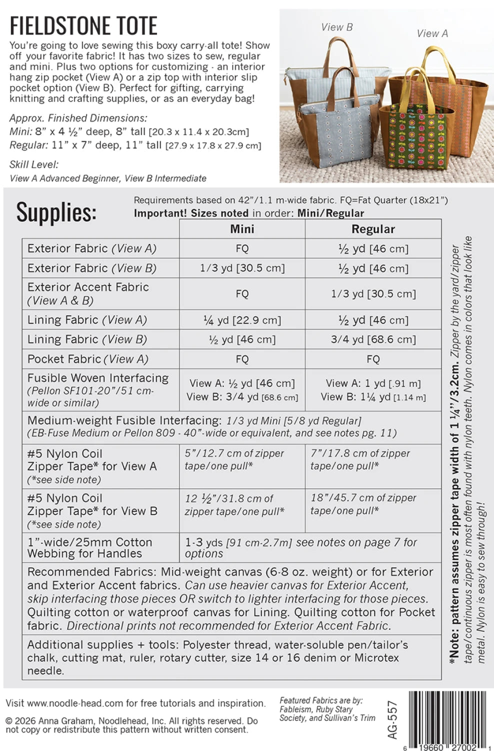 Fieldstone Tote Pattern