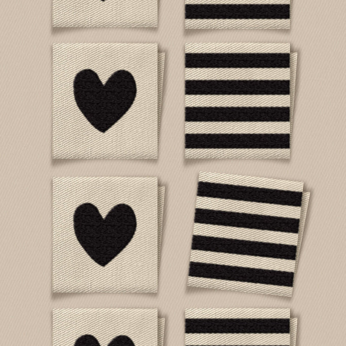 Woven Garment Labels 8-Pack - Black Heart and Stripe