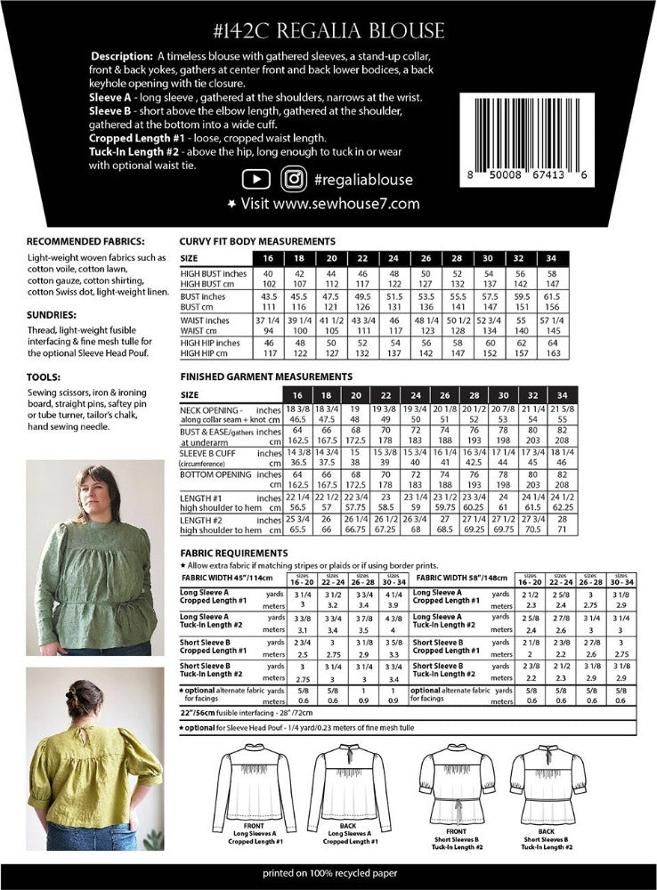 Regalia Blouse Pattern - Sizes 16-34