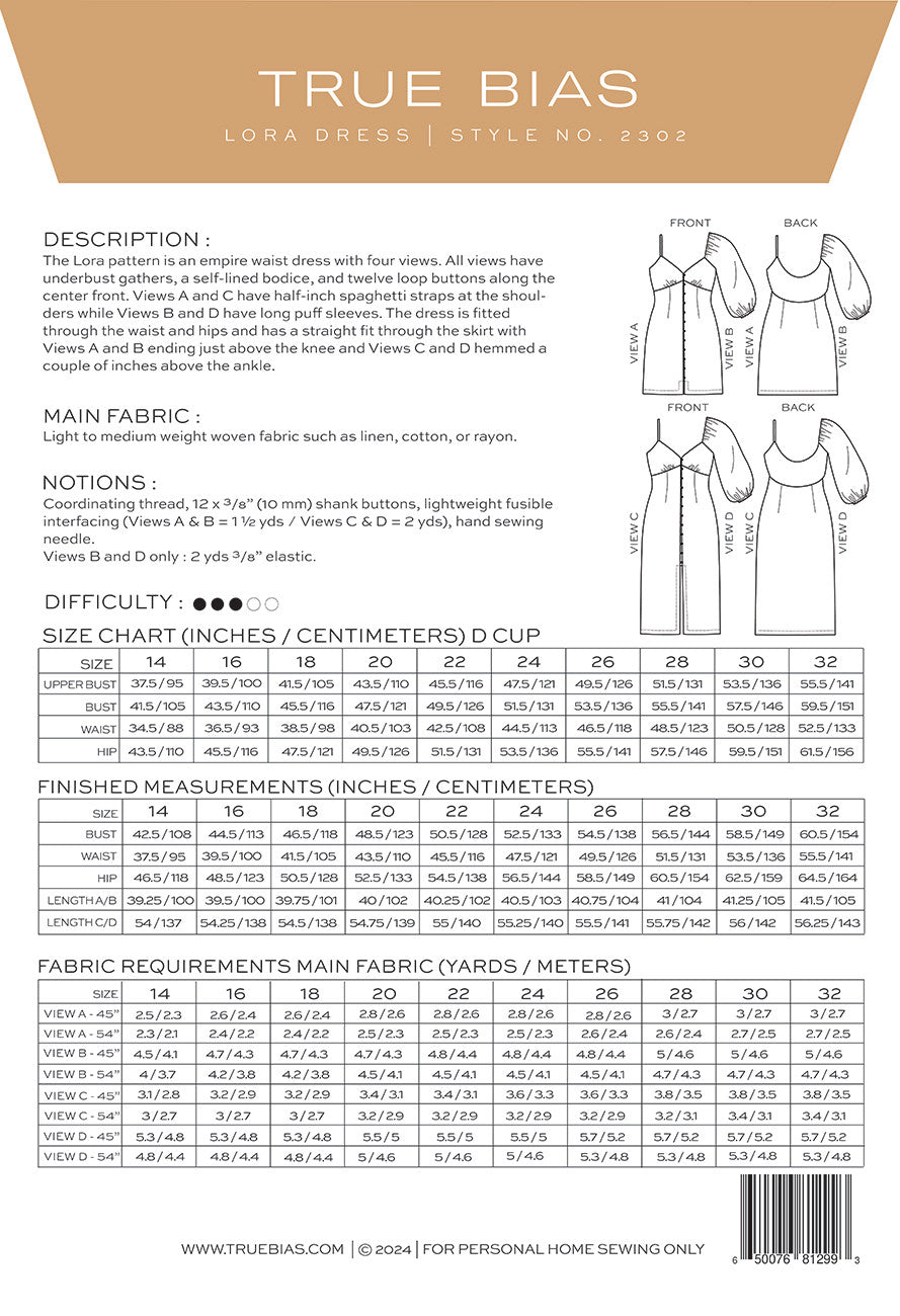 Lora Dress Pattern - Sizes 14-32