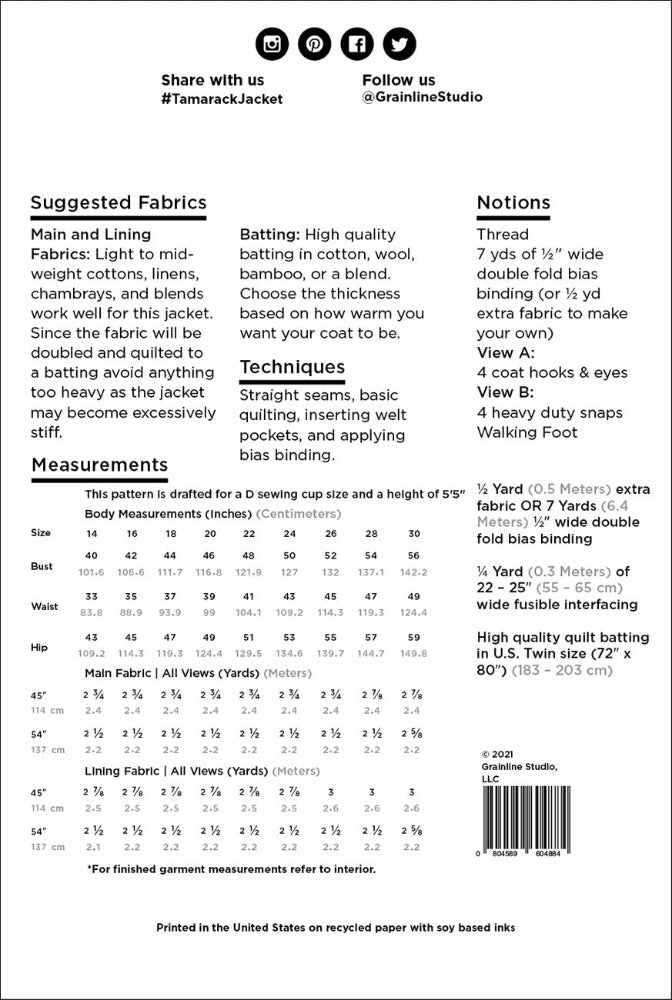 Tamarack Jacket Pattern - Sizes 14-30