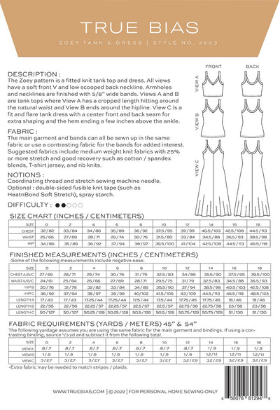 Zoey Tank and Dress Pattern Sizes 0-18