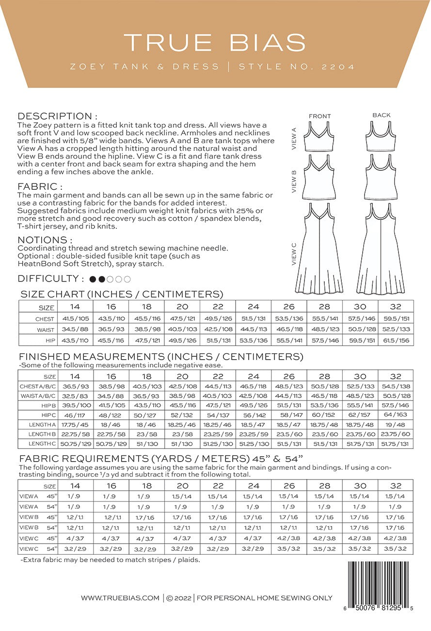Zoey Tank and Dress Pattern Sizes 14-32
