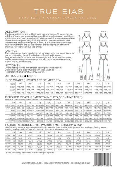 Zoey Tank and Dress Pattern Sizes 14-32