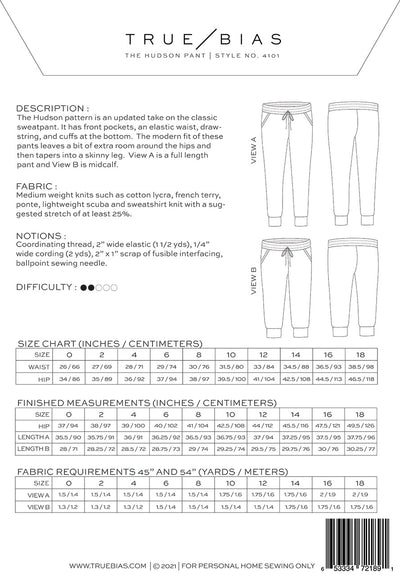 Hudson Pant Pattern Sizes 0-18